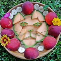 Chat en fruits - melon, pêche, banane et fleurs